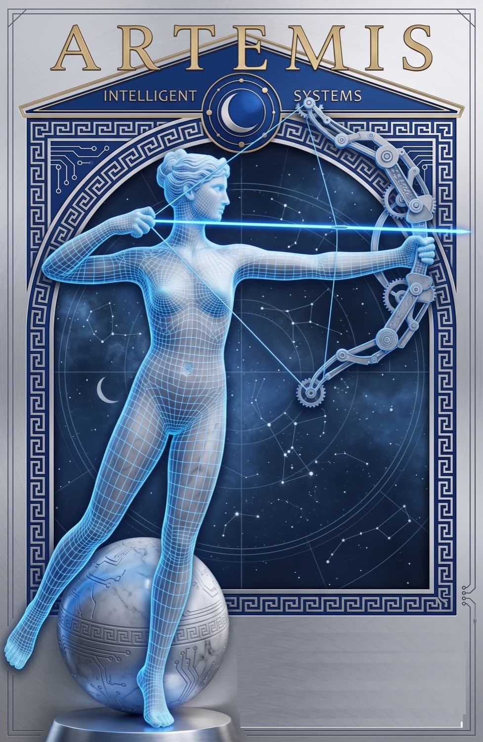 Artemis archer identity study — luminous blue wireframe figure within a Greek-meander and constellation frame
