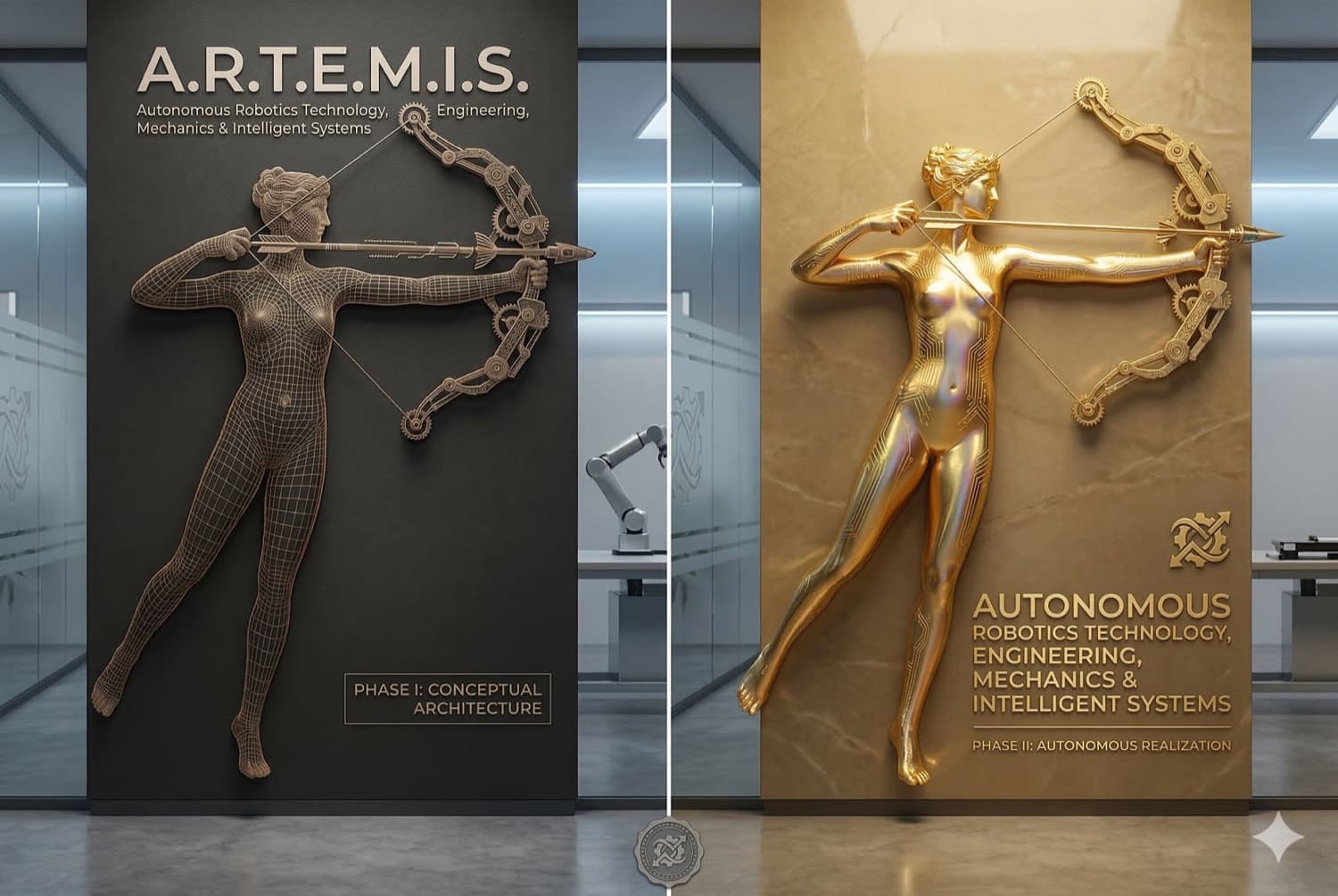 Two-phase Artemis relief — conceptual wireframe beside a gold autonomous realization