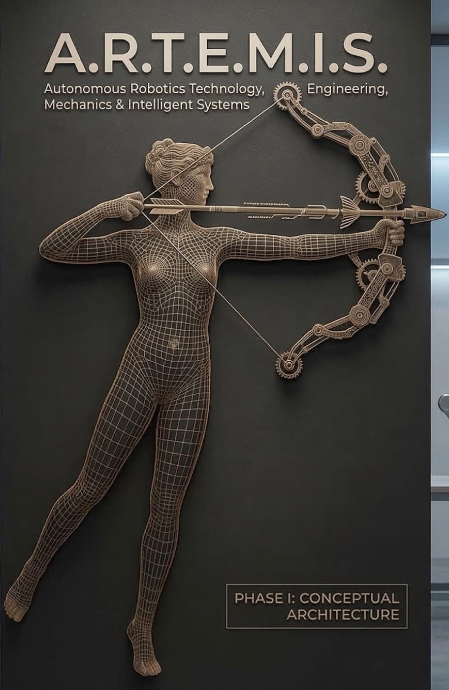Artemis conceptual architecture plaque with graphite background, bronze wireframe archer relief, and mechanical bow.