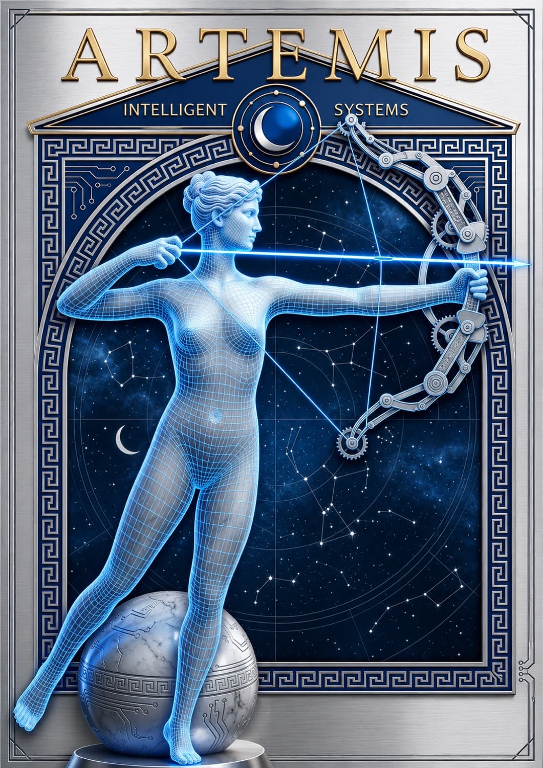 Artemis intelligent systems logo study with blue-white archer, mechanical bow, constellation field, and metallic architectural border.