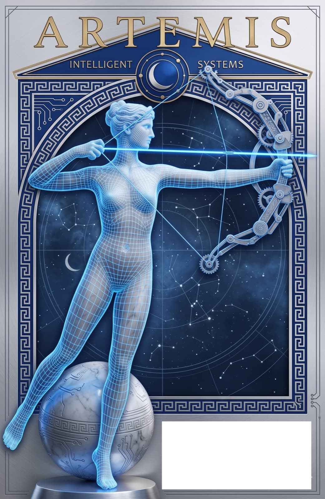Artemis blue and white cinematic poster with wireframe archer, mechanical bow, Greek architectural frame, constellations, and blue signal beam.
