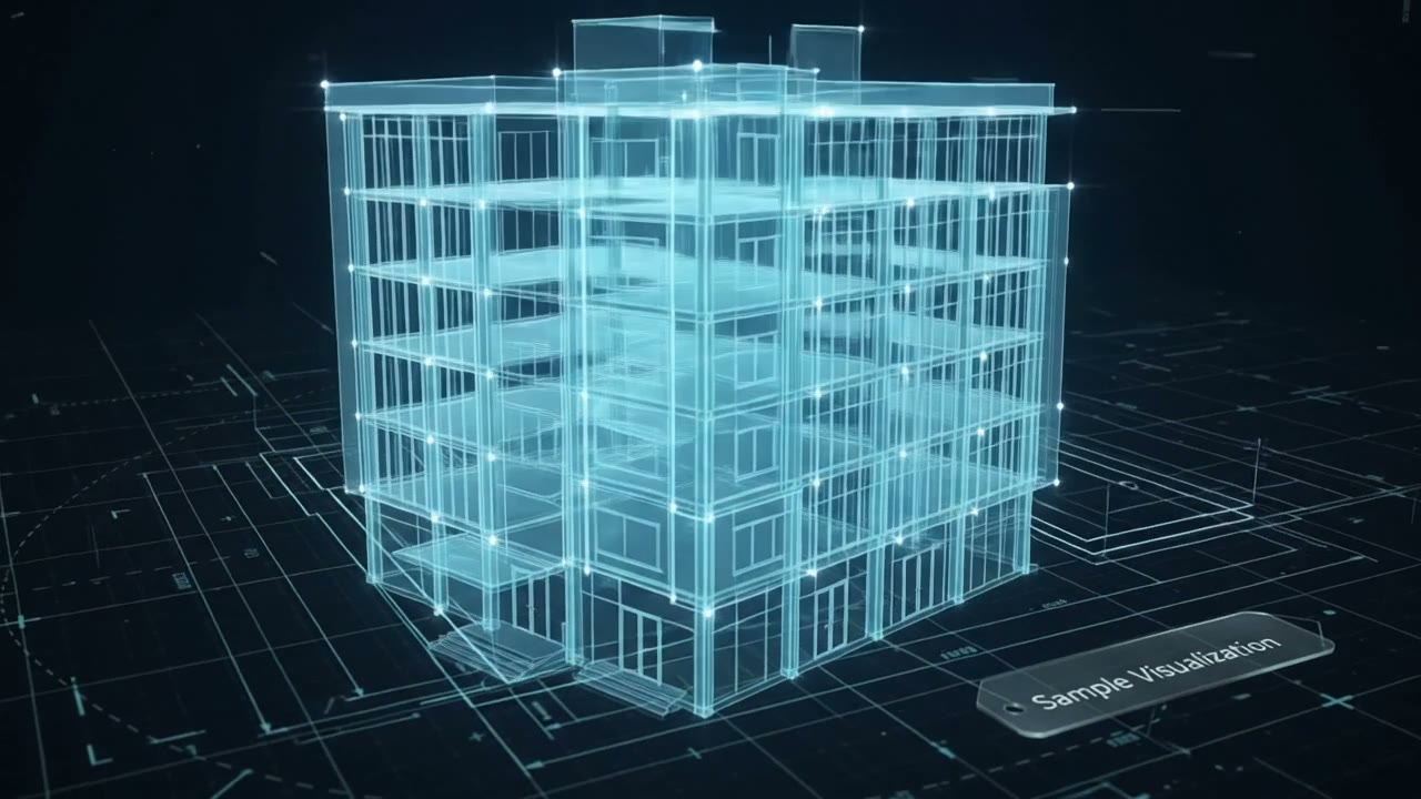 Artemis system visualization: wireframe building over a blueprint grid (sample visualization)